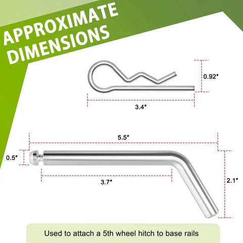 Dimensions of Replacement Heavy Duty 1/2-Inch 5th Wheel Pins And Clips for Base Rails and Gooseneck Hitches, Galvanized Finish.