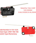 Beefy Long Lever Micro Limit Switch SPDT 1NO 1NC V-153-1C25 with labeled specifications for industrial use, front and side view.