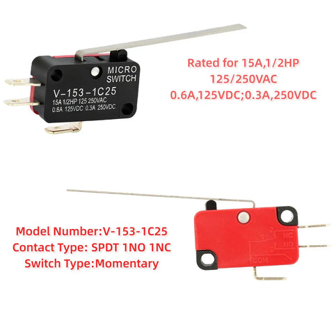 Beefy Long Lever Micro Limit Switch SPDT 1NO 1NC V-153-1C25 with labeled specifications for industrial use, front and side view.