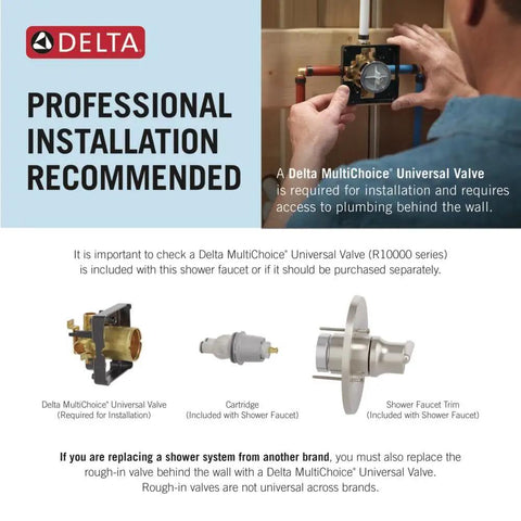 A Delta MultiChoice Universal Valve being installed. Essential for Lahara 17 Series Dual Function Shower Handle Valve Trim Kit in Stainless T17038-SS.