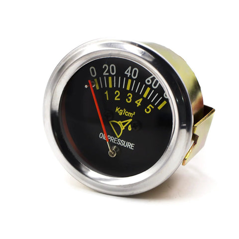 Front view of a 52mm 12V automotive oil pressure gauge with black face, chrome bezel, 0-80 PSI, red pointer