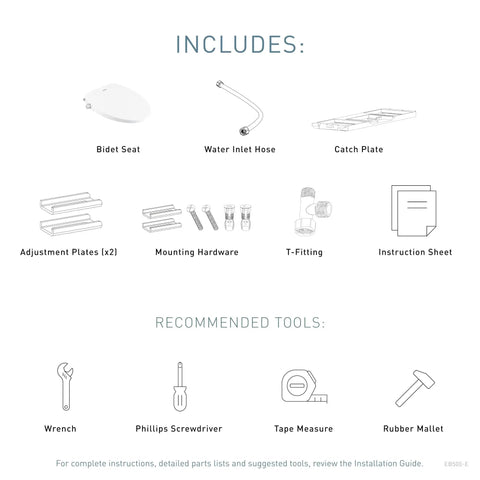Image of installation components for Standard Non Electronic Bidet Seat For Elongated Toilets With Dual Front And Rear Nozzles Water Pressure Control Soft Close Lid Self Cleaning Replaceable Nozzles Easy Operation EB500E.