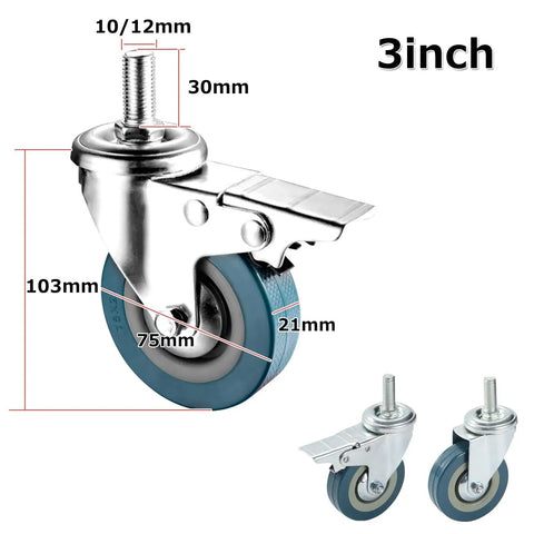 Rock Solid Swivel Casters With Secure Locking Brake Smooth As Butter Furniture Wheels Featuring M12 Threaded Stem And 75mm Diameter For Shelving Cabinets And Workbenches That Glide Effortlessly Daily
