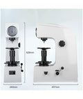 Heavy Duty Rockwell Hardness Tester HR 150A Bench Kit with solid testing table dimensions displayed side view