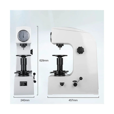 Heavy Duty Rockwell Hardness Tester HR 150A Bench Kit with solid testing table dimensions displayed side view