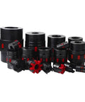 Beefy Flexible Shaft Coupler For CNC Motors 12 To 28 mm Bore Jaw Spider Plum Steel Design in black with red spider elements