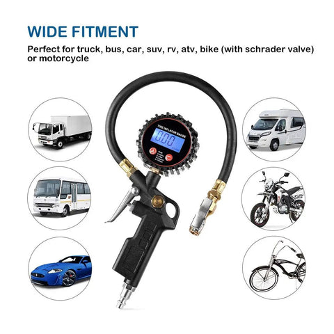Digital Tire Inflator Gauge With LED Display, 250 PSI, Four Units, Straight Brass Lock On Chuck, 13 Inch Rubber Hose