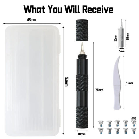 Top Shelf Screwdriver Kit Featuring NonMagnetic Screws And Precision Bits For RayBan Meta And Oakley Meta Smart Glasses With Sturdy Plastic Tweezers For Smooth Hinge Adjustments On The Fly. Display of screwdriver tools in a white storage case.