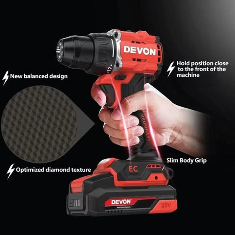 Badass Cordless Impact Drill 20V Brushless Motor 55Nm Torque Dual Speed Control 10Mm Keyless Chuck Comes Loaded With Two 5.0Ah Batteries For No Sweat Builds in hand with diamond texture grip.