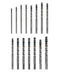 15-piece Demon Metal Drill Bit Set for Mild Hardened and Stainless Steel, arranged vertically, showing varying sizes and designs.