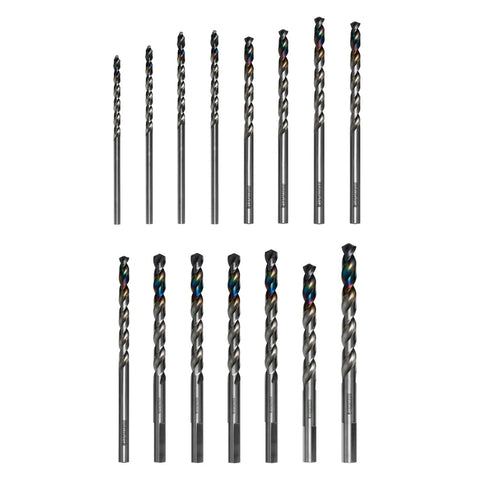 15-piece Demon Metal Drill Bit Set for Mild Hardened and Stainless Steel, arranged vertically, showing varying sizes and designs.