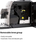 Top Shelf Stainless Steel Espresso Machine Featuring Fifty Four Ounce Water Tank Removable brew group for easy cleaning.