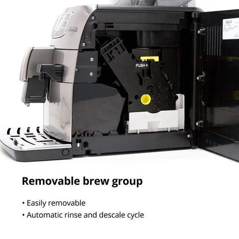 Top Shelf Stainless Steel Espresso Machine Featuring Fifty Four Ounce Water Tank Removable brew group for easy cleaning.