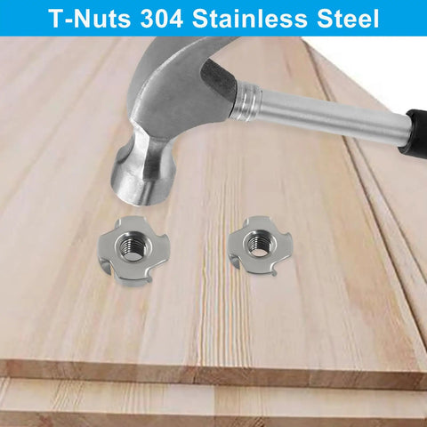 Top Shelf Four Pronged Tee Nuts Forged From Heavy Duty 304 Stainless Steel Matching 3 8 16 Thread Size Plus 7 16 Inch Barrel Depth Dead Simple Setup On Wood Furniture Cabinetry And Rigging Pro Grade 25 Pack with hammer and wooden surface.