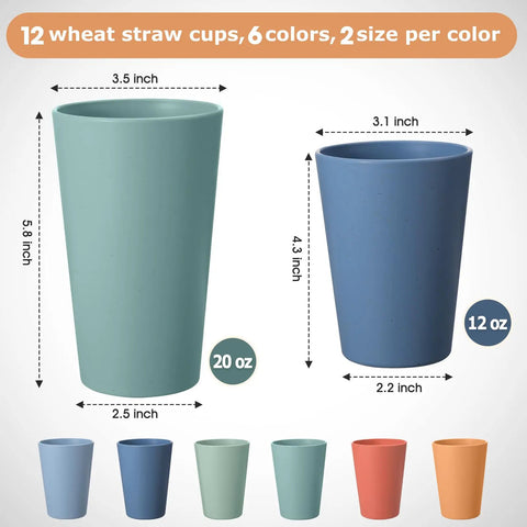 12 Piece Wheat Straw Cups Set With 6 Colorful 12 Oz Cups And 6 Colorful 20 Oz Cups Unbreakable BPA Free Reusable Plastic Drinking Cups