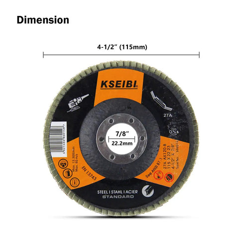 Four And One Half Inch Aluminum Oxide Flap Disc Set Type 27 60 Grit For Auto Body Sanding And Grinding 10 Pack Great For Rust Paint Steel And Metal Prep Stock Removal And Weld Blending; close-up of one disc showing label and dimensions.