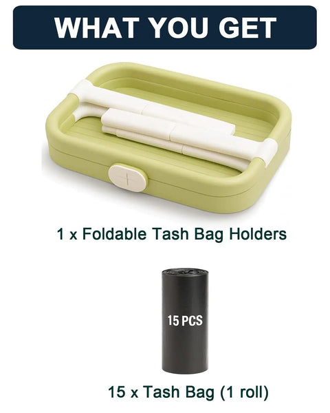 Foldable Trash Bag Holder For On The Go Cleanup Lightweight Collapsible Trash Bag Stand Perfect For Camping Outdoors Cars And Home Easy Assembly Compact Storage Includes 15 Bags; green holder with roll of 15 bags