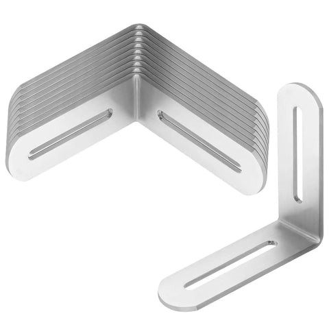 Ten Piece Brushed Stainless Steel L Brackets Showing Up In Three Inch Slotted Designs for furniture support and repair projects.