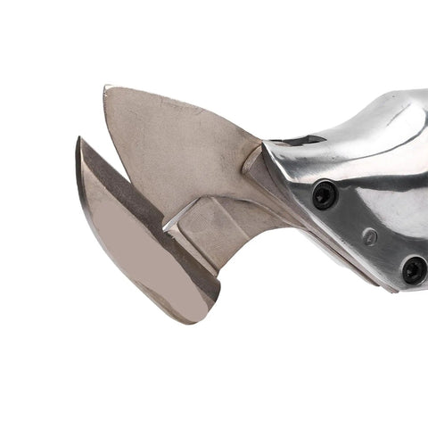 Close-up of high-performance cutting head of Compact Cordless Sheet Metal Cutter Electric Shear for metal fabrication.