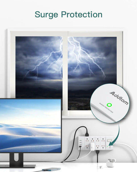 Image showing 16 Outlet Power Strip With 4 USB Ports And 5 Ft Flat Plug 4 Side Surge Protector in use during storm surge protection.