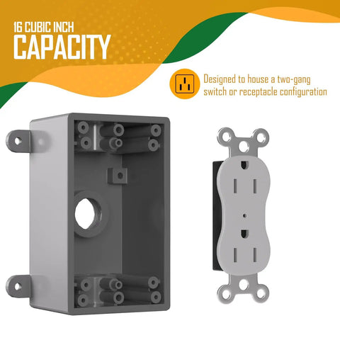 Weatherproof 1 Gang Electrical Outlet Box In Gray Beefed Up For Wet Locations Fits One Half Or Three Quarter Inch Conduit Includes Three Quarter Inch Reducer Bushings And Closure Plugs PVC Construction Corrosion Resistant UL Listed next to outlet.