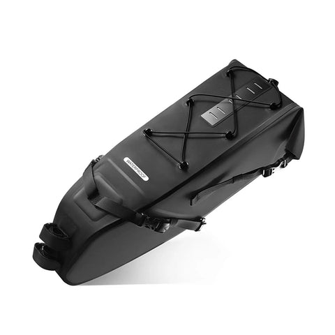 Heavy-Duty PVC Tail Bag for Long Distance Cycling, 14L Roll-Top Saddle Bag with Dry Seal, visible secure straps and black finish.