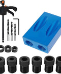 15 Degree Pocket Hole Jig Kit For DIY Woodworking Projects with jig, drill bits, adapters, wrench, and F clamp.