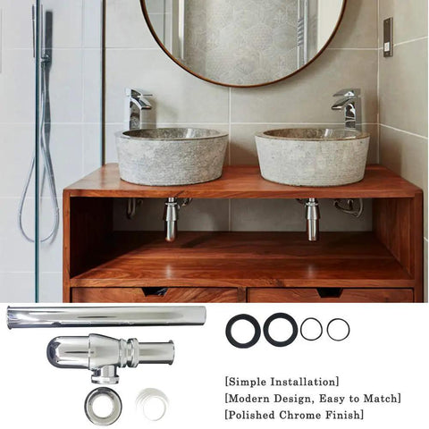 Chrome Round Bottle Trap Drain Kit For One And One Quarter Inch Waste Pipe Basin Bottle Trap With Smooth Interior displayed under dual vessel sinks