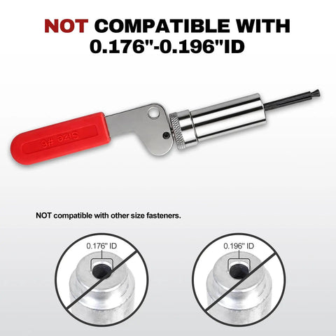 Super Heavy Duty Plunger Tool For #6 Barrel Nut Fasteners With Precision 0.158 Inch Fit, highlighted with size incompatibilities.
