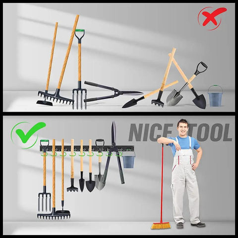 Comparison of disorganized tools and organized tools using Built Tough 64 Inch Adjustable Wall Mounted Storage System with gardener
