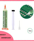 Pro Grade Desoldering Wick With Flux For Electronics Repairs, syringe with flux and needle, PCB close-up