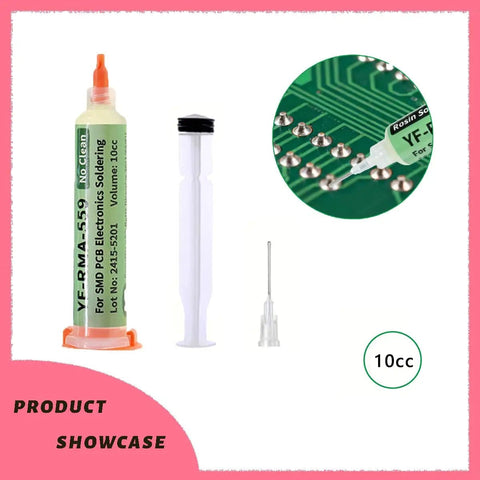 Pro Grade Desoldering Wick With Flux For Electronics Repairs, syringe with flux and needle, PCB close-up