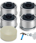 Four chrome trailer hub caps (1.98 in) with rubber plugs and installation tool set; rust-resistant bearing dust caps