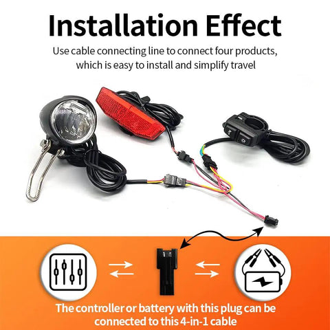 Installation of All In One Ebike Front Headlight And Tail Light With Built In Horn Switch Cable Kit showing components and connections.