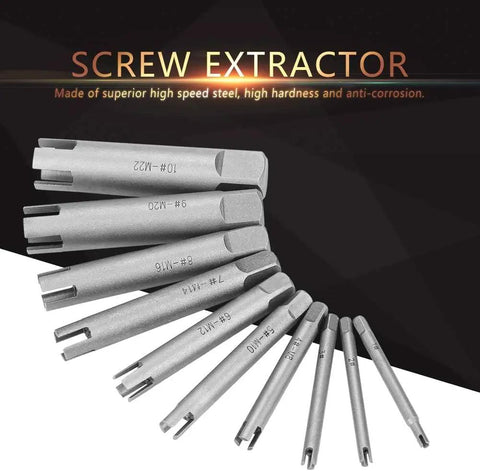 Heavy Duty 20 Piece Tap Extractor Set With 3 4 Flute Design for removing broken taps and stripped screws displayed on dark background.