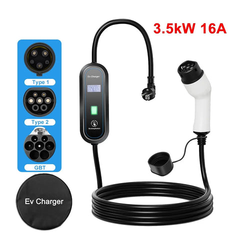 Heavy Duty Portable Level 2 EV Charger With 240 Volt Plug And Play Hookup No Sweat Setup Hella Durable IP67 Weatherproof 3.5 KW Electric Vehicle Charging Cable For Weekend Getaways with connector types.