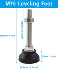 Four Pack Heavy Duty Adjustable Leveling Feet With M16 Screw Thread and Slick Black Rubber Base for Furniture and Machines Delivers Rock Solid Stability Includes Nifty T Bolts for Quick Setup, showing dimensions and design.
