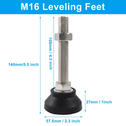 Four Pack Heavy Duty Adjustable Leveling Feet With M16 Screw Thread and Slick Black Rubber Base for Furniture and Machines Delivers Rock Solid Stability Includes Nifty T Bolts for Quick Setup, showing dimensions and design.