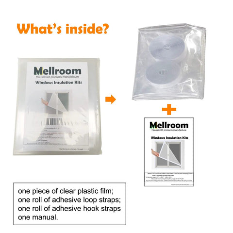Ditch The Winter Chill With Adjustable Clear Window Insulation Kit Featuring Tough Adhesive Strips Reusable Plastic Film Wrap Keeps House Cozy Quick Peel And Stick Any Window Size Upgrade contents in packaging including clear film and adhesive straps.