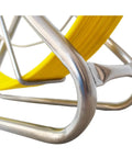 Close-up of Fiberglass Fish Tape Reel For Duct Rodder 6mm By 350ft With Brake System showing sturdy metal frame and yellow tape.