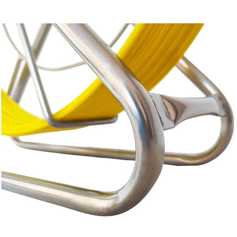 Close-up of Fiberglass Fish Tape Reel For Duct Rodder 6mm By 350ft With Brake System showing sturdy metal frame and yellow tape.