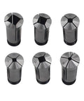 Six Pack Precision 5C Square Collet Set One Quarter To Three Quarters Inch For CNC Milling Machines And Engraving Stations High Quality Spring Steel Mill Chuck Holder Kit, displaying six collets in various sizes from 1/4 inch to 3/4 inch, made of spring steel.