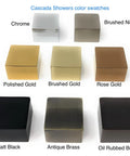Cascada Showers color swatches featuring Brushed Nickel, Chrome, Gold, and more finishes for modern bathroom designs.