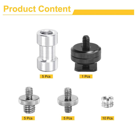 Double Threaded Camera Screw Mount Set 1/4 To 3/8 Inch Adapter For Tripods Monopods And Lights with various components