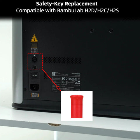 Solid 3 Piece Safety Key Kit Lock Down Your BambuLab H2D H2C H2S Printer Power Module Emergency Stop Switch Security Feature Is A Game Changer For All Your Daily Home Project Work Keeping Everything Legit Tight And Secure Now red plastic key shown on BambuLab H2D rear panel