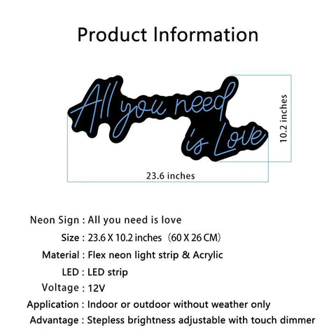 All You Need Is Love Neon Sign LED Light For Home Bar Party Decor, Customizable Neon Wall Art, 60x26cm product dimensions