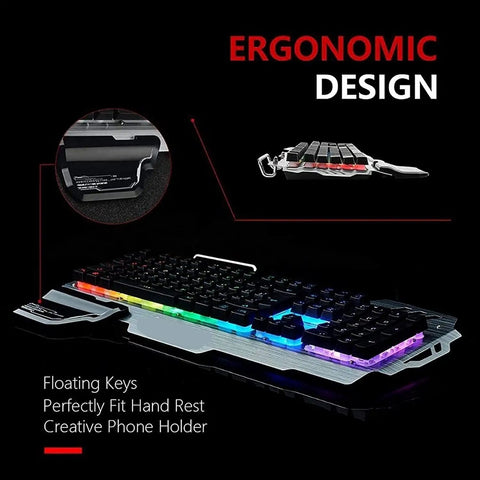 Full Size Mechanical Keyboard And Mouse Combo With Rgb Gaming Backlighting 104 Key Wired Usb features ergonomic design with floating keys and a detachable wrist rest.