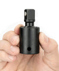 1/2 Inch Drive Impact Universal Joint Pivots A Full 30 Degrees held in hand, featuring pinless ball design for socket locking.