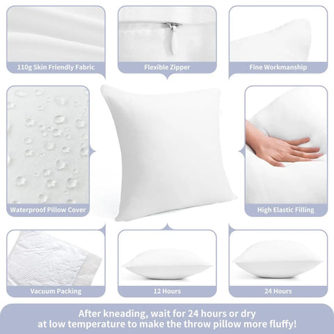 Outdoor Pillow Inserts Pack of 2, 26 by 26 Inches, Water Resistant Cushions for Patio Furniture, shown with features