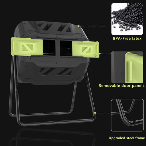 43 Gallon Outdoor Tumbler Compost Bin With Dual Compartment Design Rotating Garden Composter For Efficient Aeration And No Fuss Two Step Composting Green Door features removable panels and steel frame.
